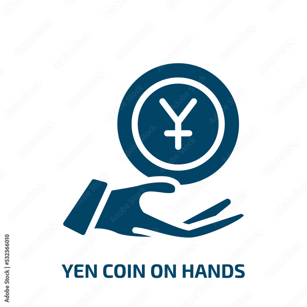 yen coin on hands icon from business collection. Filled yen coin on hands, banking, bank glyph icons isolated on white background. Black vector yen coin on hands sign, symbol for web design and mobile