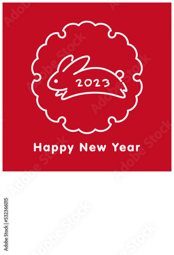 2023年年賀状テンプレート　卯年　うさぎの線画　赤背景