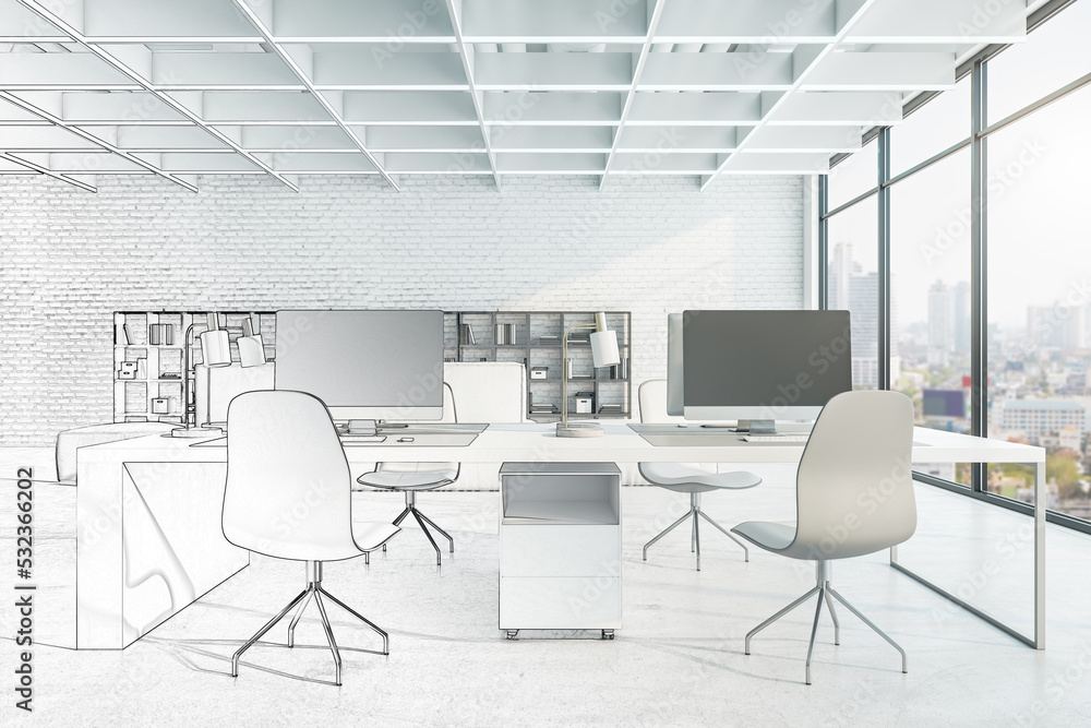 Hand drawn sketch of modern concrete coworking office interior with ...