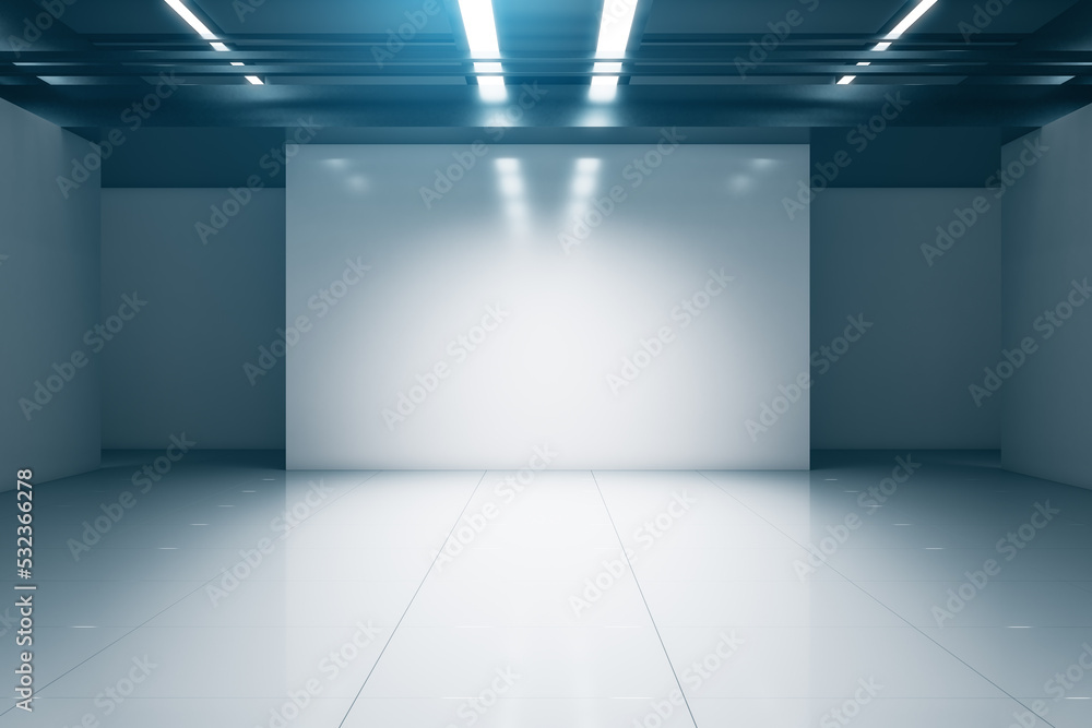 Clean futuristic gallery interior with mock up place. 3D Rendering