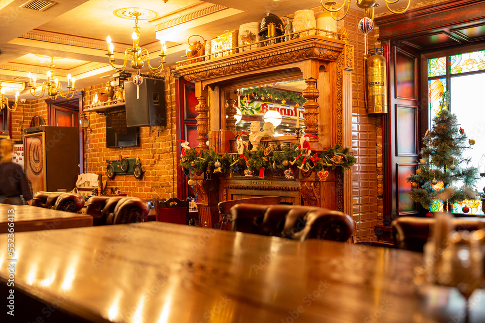Luxurious interior of traditional English restaurant, View from above Luxurious interior of traditional English restaurant, View from above