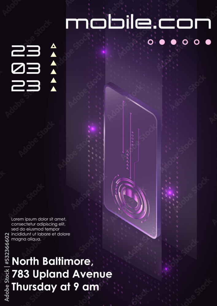 Fototapeta premium Sci-Fi neon layout futuristic flyers, placards, brochures with 3d phone and holographic scheme. Isometric vector template mobile telephone with hi-tech background and elements