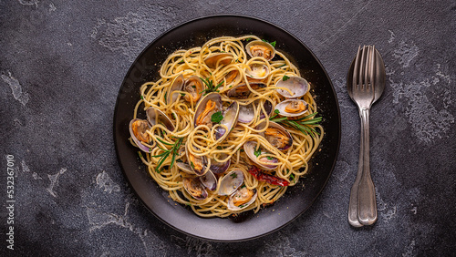 Seafood pasta with clams Spaghetti alle Vongole.