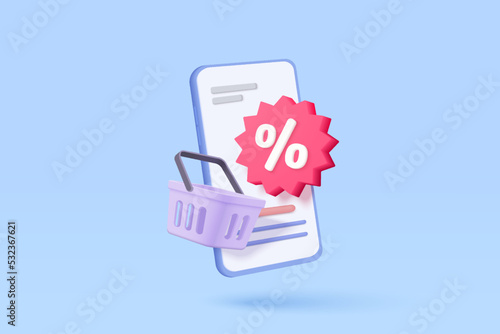 3d mobile phone with price tags for online shopping concept. Basket with promotion tag discount coupon of cash for future, special offer promotion. 3d price tags icon vector render illustration photo