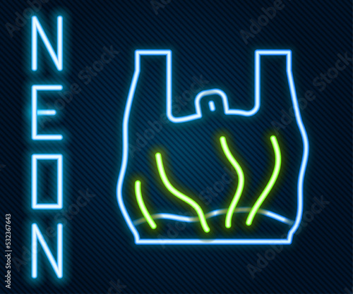 Glowing neon line Say no to plastic bags poster icon isolated on black background. Disposable cellophane and polythene package prohibition sign. Colorful outline concept. Vector