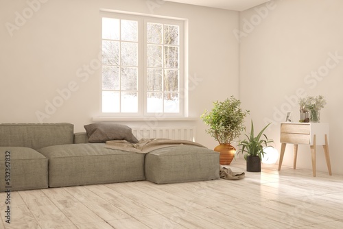 White living room with sofa and winter landscape in window. Scandinavian interior design. 3D illustration