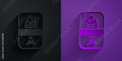 Paper cut Fish plastic tray container with cellophane cover icon isolated on black on purple background. Paper art style. Vector