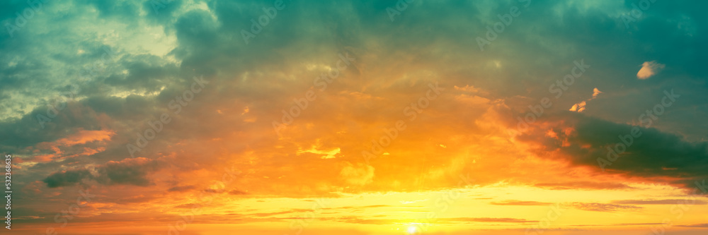 Colorful cloudy sky at sunset. Gradient color. Sky texture, abstract nature background. Horizontal banner