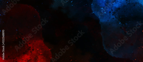 Fototapeta Naklejka Na Ścianę i Meble -  Blue and Red gradient watercolor splash on black background. Colorful smeared fuchsia neon paper textured aquarelle canvas for creative design. Abstract cosmic purple ink texture water color paint. 