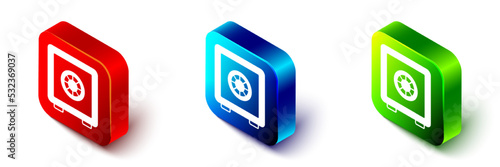 Isometric Safe icon isolated on white background. The door safe a bank vault with a combination lock. Reliable Data Protection. Red, blue and green square button. Vector
