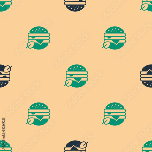 Green and black Vegan food diet icon isolated seamless pattern on beige background. Organic, bio, eco symbol. Vegan, no meat, lactose free, healthy, fresh and nonviolent food. Vector