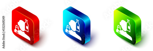 Isometric Alcoholism, or alcohol use disorder icon isolated on white background. Red, blue and green square button. Vector