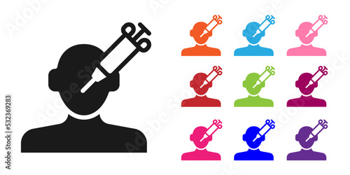 Black Addiction to the drug icon isolated on white background. Heroin, narcotic, addiction, illegal. Sick junkie with a syringe and medical pills. Set icons colorful. Vector