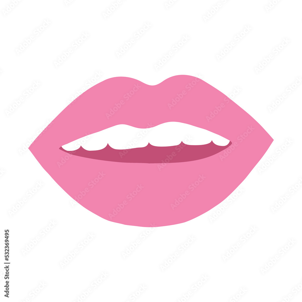 Pop girly sticker, female half open mouth with teeth. Vector illustration of womans lips in pink color Pop girly sticker, female half open mouth with teeth. Vector illustration of womans lips in pink color