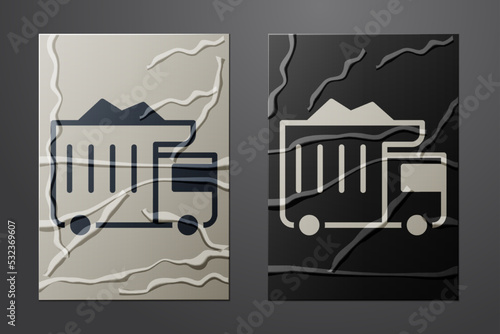 White Large industrial mining dump truck icon isolated on crumpled paper background. Big car. Paper art style. Vector