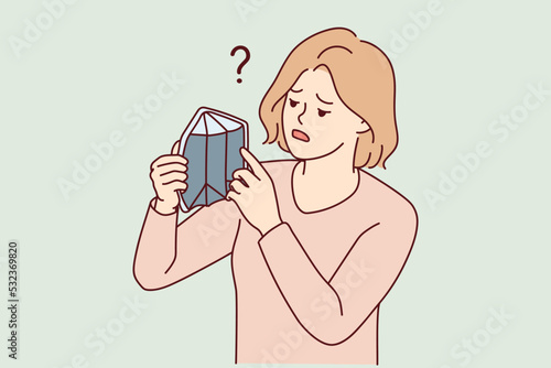 Distressed young woman with empty wallet suffer from bankruptcy. Unhappy poor girl struggle with poverty and money lack. Vector illustration. 