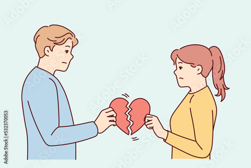 Unhappy couple holding broken heart suffer after breakup or split. Upset man and woman break up relationships. Love end and family divorce. Vector illustration. 