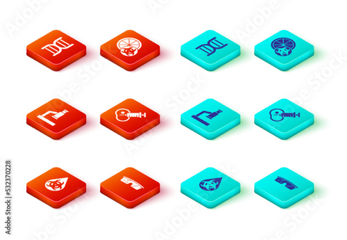 Set GMO, Laboratory glasses, Microscope, Genetically modified meat, orange and DNA symbol icon. Vector
