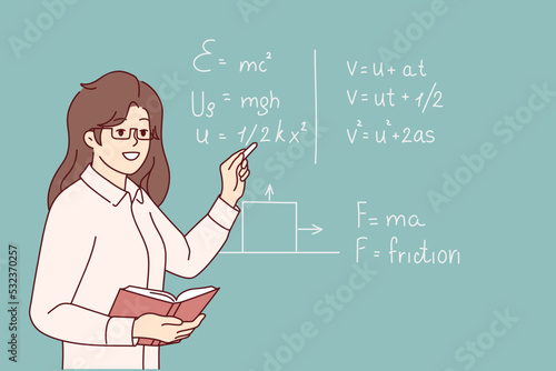 Smiling female teacher standing near black board talking at lesson in school. Happy woman tutor lead math class for pupils. Education. Vector illustration. 