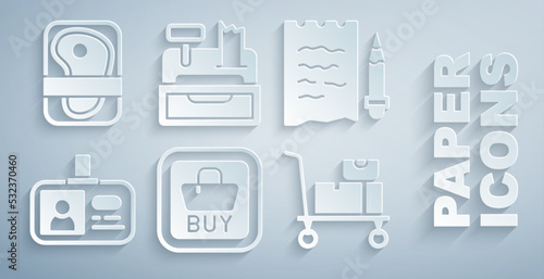Set Buy button, Shopping list and pencil, Identification badge, Hand truck boxes, Cash register machine and Meat packaging steak icon. Vector
