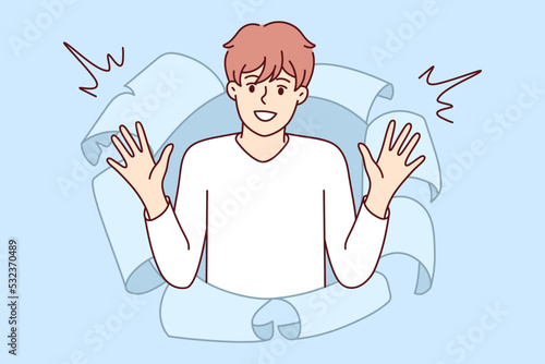 Portrait of cute young man looking out of paper hole. Smiling millennial guy peep from opening. Fun and surprise concept. Vector illustration. 