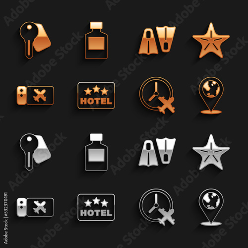Set Signboard with text Hotel, Starfish, Location on the globe, Clock airplane, Airline ticket, Rubber flippers for swimming, door key and Whiskey bottle icon. Vector