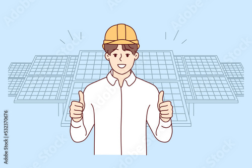 Smiling male engineer in helmet show thumb posing near solar panels. Happy man worker recommend building company. Vector illustration. 