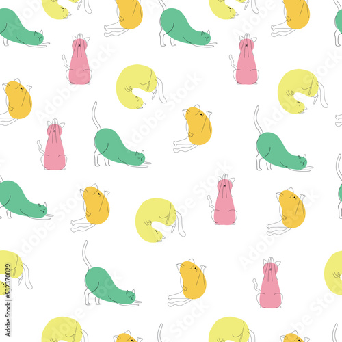 Seamless pattern with funny hand drawn cats. Animals vector illustration with line kittens. background with spots