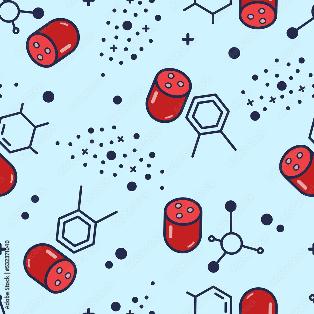 Fototapeta premium Seamless pattern on theme of fake meat grown in laboratory. Sausages and chemical elements on blue background.