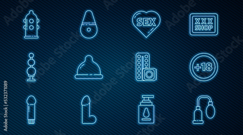 Set line Penis pump, Plus 18 movie, Heart with text Sex, Condom, Anal beads, Birth control pills and condom and Dildo vibrator icon. Vector