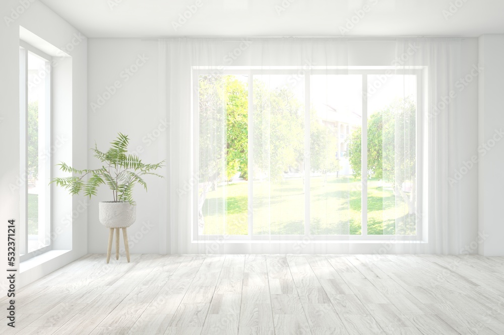 Fototapeta premium White empty room with summer landscape in window. Scandinavian interior design. 3D illustration