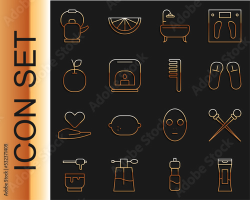 Set line Bottle of shampoo, Knitting needles, Slipper, Bathtub, Aroma lamp, Apple, Kettle with handle and Hairbrush icon. Vector