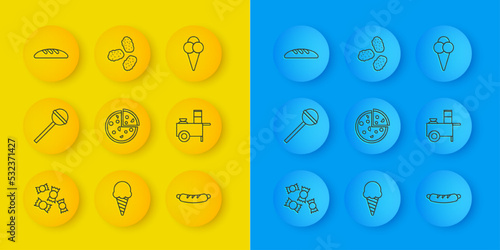 Set line Candy, Lollipop, Pizza, Hotdog sandwich, Fast street food cart, Bread loaf, Ice cream in waffle cone and Chicken nuggets icon. Vector