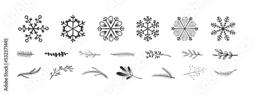 Set of snowflakes and twigs. Simple christmas icons. Xmas signs. Christmas decorations. Vector icons