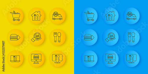 Set line Online ordering and delivery, burger, Clock 24 hours, Cafe restaurant location, Fork spoon, Shopping cart food, Fast by and icon. Vector
