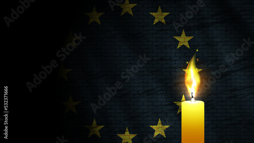 Vector mournful burning wax candle on the background of a dark wavy flag of European Union with a brick wall structure. Wallpaper or poster
