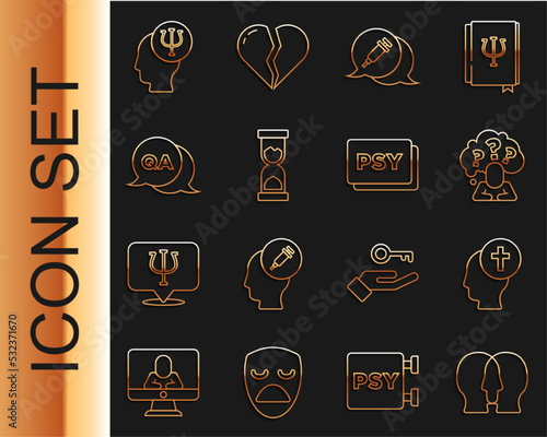 Set line Bipolar disorder, Man graves funeral sorrow, Head with question mark, Addiction to the drug, Old hourglass, Question and Answer, Psychology, Psi and icon. Vector
