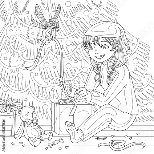 Girl packing gifts with fairy near Christmas tree at home for holidays. Coloring book page for adult with doodle and zentangle elements. Vector hand drawn isolated.