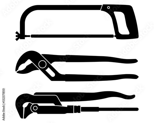 Plumbing tools icons. Hacksaw. Pliers. Pipe wrench. Silhouette vector