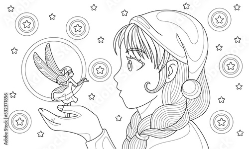 Girl hold and look at little magic fairy children fairytale. Christmas coloring book page for adult with doodle and zentangle elements. Vector hand drawn isolated.