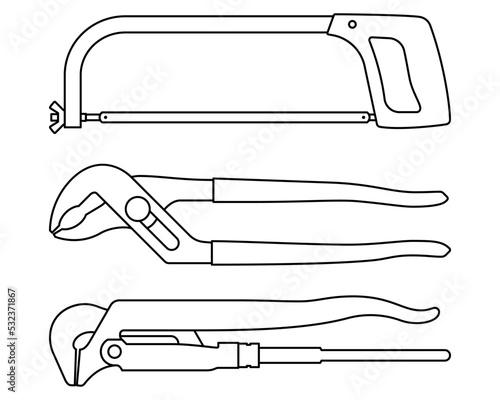 Plumbing tools icons. Hacksaw. Pliers. Pipe wrench. Vector thin line