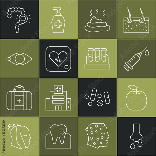 Set line Runny nose, Apple, Syringe, Shit, Heart rate, Blindness, Gut constipation and Test tube with blood icon. Vector