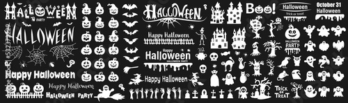 Big set of silhouettes of Halloween on a black background. Vector illustration
