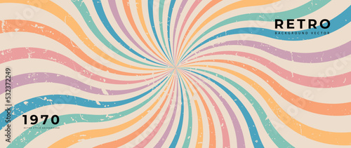 Abstract colorful 70s background vector. Vintage retro style wallpaper with lines, rainbow stripes, psychedelic. 1970 color illustration design suitable for poster, banner, decorative, wall art.