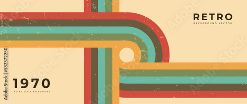 Abstract colorful 70s background vector. Vintage retro style wallpaper with lines, rainbow stripes, geometric shapes. 1970 color illustration design suitable for poster, banner, decorative, wall art.