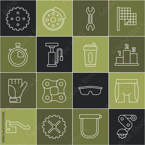 Set line Derailleur bicycle rear, Cycling shorts, Award over sports winner podium, Wrench spanner, Bicycle air pump, Stopwatch, sprocket crank and Sport bottle with water icon. Vector