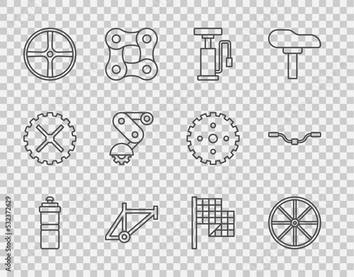 Set line Sport bottle with water, Bicycle wheel, air pump, frame, Derailleur bicycle rear, Checkered flag and handlebar icon. Vector