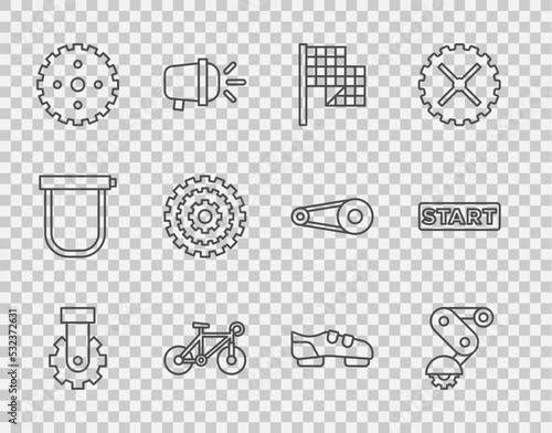 Set line Derailleur bicycle rear, Checkered flag, Bicycle, sprocket crank, cassette, shoes and Ribbon in finishing line icon. Vector