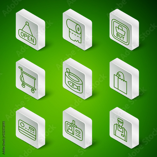 Set line Seller, Identification badge, Hanging sign with Open, Canned fish, Shopping cart, Toilet paper roll, Credit card and Paper bag bread loaf icon. Vector