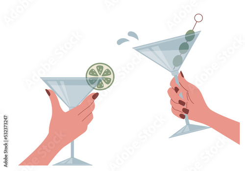 Female hands holdings martini glass isolated on a white background. Vector poster with alcoholic drinks.